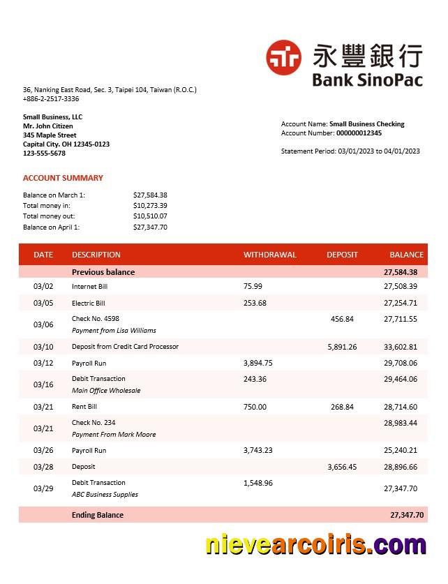Bank Sinopac enterprise account statement